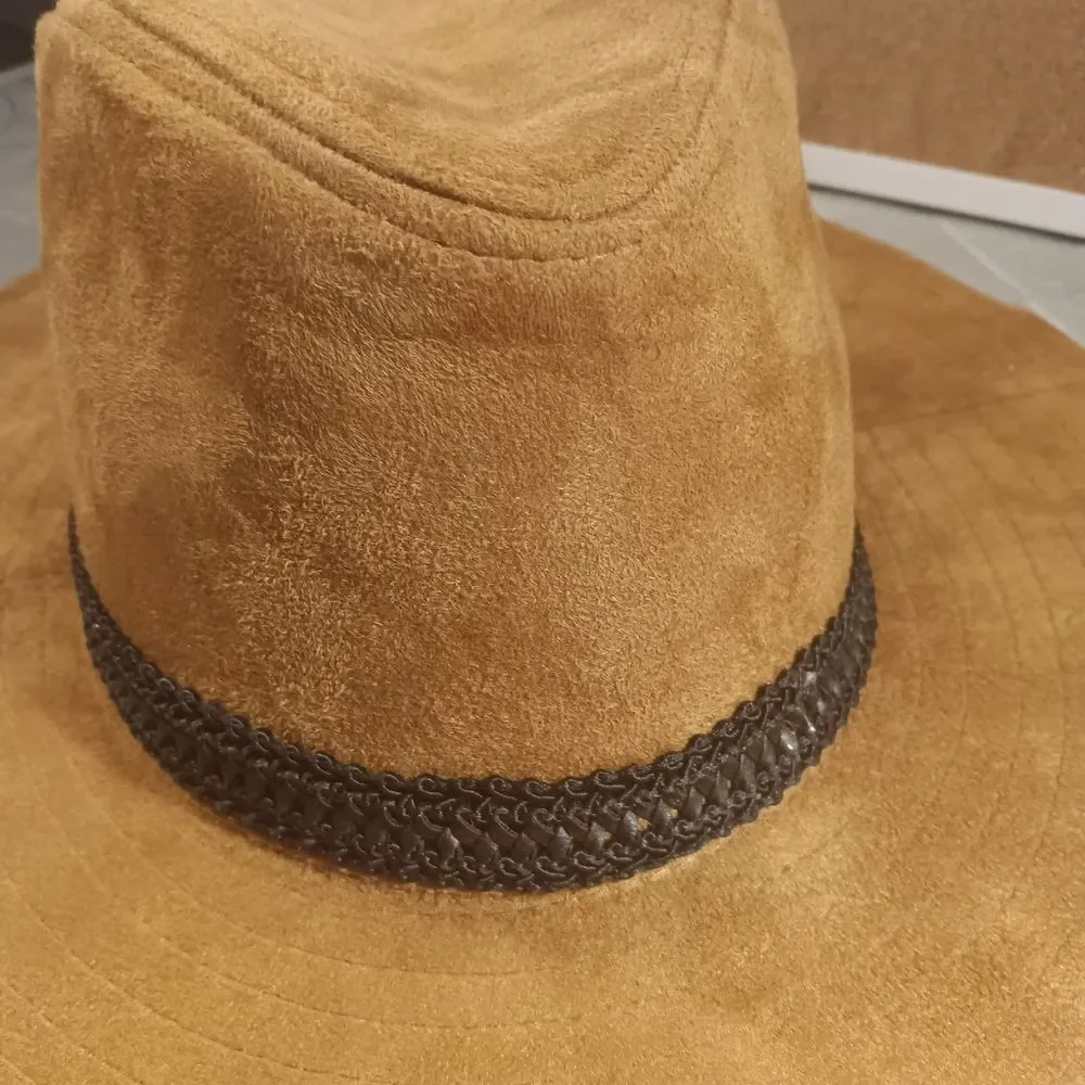 D&Y Brown Faux Suede Leather Western Panama Hat OS